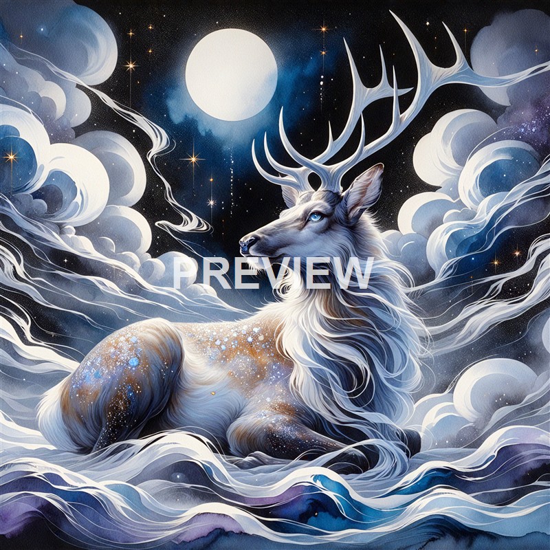 A majestic, mythical stag with glowing blue eyes and antlers, resting on a surreal landscape of swirling clouds under a bright full moon, with a starry night sky in the background.